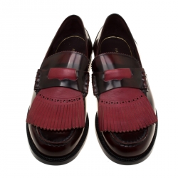 Pre Owned Burberry Burgundy Leather Bedmoore Fringe Detail Penny Loafers Size 44