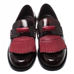 Pre Owned Burberry Burgundy Leather Bedmoore Fringe Detail Penny Loafers Size 45