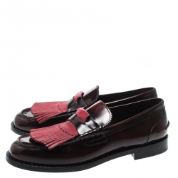 Pre Owned Burberry Burgundy Leather Bedmoore Fringe Detail Penny Loafers Size 45