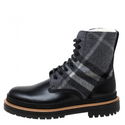 Burberry Black Leather And Wool Blend William Check Fur Lined Ankle Boots Size 41