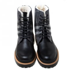 Burberry Black Leather And Wool Blend William Check Fur Lined Ankle Boots Size 41