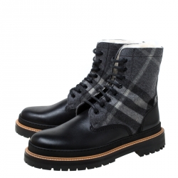 Burberry Black Leather And Wool Blend William Check Fur Lined Ankle Boots Size 41