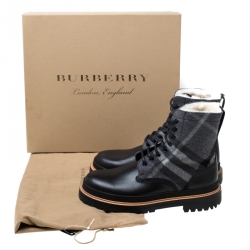 Burberry Black Leather And Wool Blend William Check Fur Lined Ankle Boots Size 41