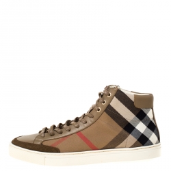 Pre Owned Burberry Beige Housecheck Canvas And Leather Painton High Top Sneakers Size 43