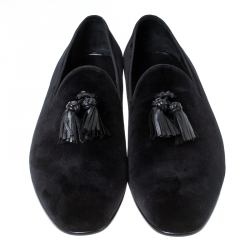 Burberry Black Velvet Tassel Slip On Loafers Size 45.5