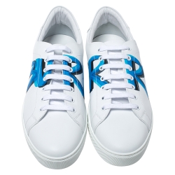 Pre Owned Burberry White/Blue Graffiti Print Leather Low Top Sneakers Size 45