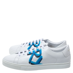 Pre Owned Burberry White/Blue Graffiti Print Leather Low Top Sneakers Size 45