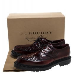 Pre Owned Burberry Burgundy Leather Woven Toe Detail Lace Up Platform Creepers Size 45