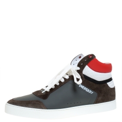Burberry Grey/Red Leather and Suede Reeth High Top Sneakers Size 45.5