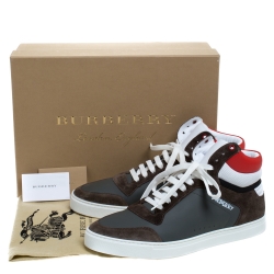 Burberry Grey/Red Leather and Suede Reeth High Top Sneakers Size 45.5