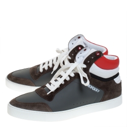 Burberry Grey/Red Leather and Suede Reeth High Top Sneakers Size 46