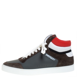 Burberry Grey/Red Leather and Suede Reeth High Top Sneakers Size 46