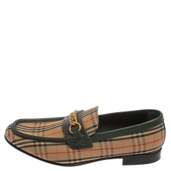 Pre Owned Burberry Beige /Green HayMarket Canvas And Leather Moorley Chain  Loafers Size 45