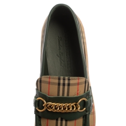Pre Owned Burberry Beige /Green HayMarket Canvas And Leather Moorley Chain  Loafers Size 45