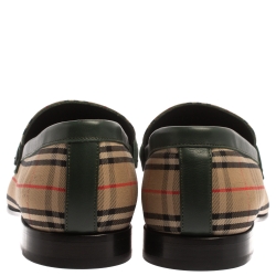 Pre Owned Burberry Beige /Green HayMarket Canvas And Leather Moorley Chain  Loafers Size 45