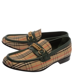Pre Owned Burberry Beige /Green HayMarket Canvas And Leather Moorley Chain  Loafers Size 45