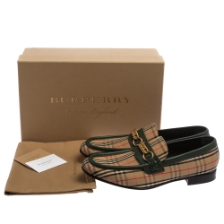 Pre Owned Burberry Beige /Green HayMarket Canvas And Leather Moorley Chain  Loafers Size 45