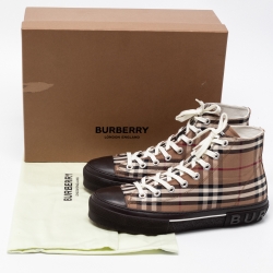 مملوكة مسبقًا Burberry Brown/Beige Canvas Check Fabric High Top Sneakers Size 44