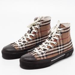 مملوكة مسبقًا Burberry Brown/Beige Canvas Check Fabric High Top Sneakers Size 44