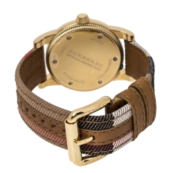Pre Owned Burberry Brown Yellow Gold Tone Stainless Steel Plaid Canvas Leather BU7833 Men's Wristwatch 40 mm