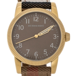 Pre Owned Burberry Brown Yellow Gold Tone Stainless Steel Plaid Canvas Leather BU7833 Men's Wristwatch 40 mm