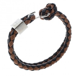 Burberry Two Tone Braided Leather Silver Tone Bracelet