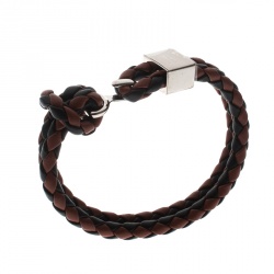 Pre Owned Burberry Brown & Black Braided Leather Silver Tone Bracelet 18cm