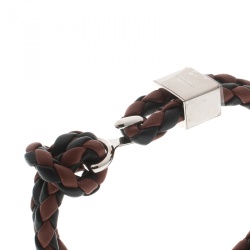 Pre Owned Burberry Brown & Black Braided Leather Silver Tone Bracelet 18cm