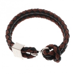Pre Owned Burberry Brown & Black Braided Leather Silver Tone Bracelet 18cm