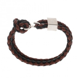 Pre Owned Burberry Brown & Black Braided Leather Silver Tone Bracelet 18cm