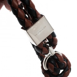 Pre Owned Burberry Brown & Black Braided Leather Silver Tone Bracelet 18cm