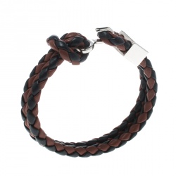 Pre Owned Burberry Brown & Black Braided Leather Silver Tone Bracelet 18cm