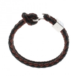 Pre Owned Burberry Brown & Black Braided Leather Silver Tone Bracelet 18cm