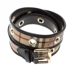 Pre Owned Burberry Dark Brown/Beige Haymarket Coated Canvas and Leather Eyelet Belt 110cm