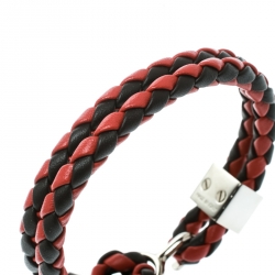 Pre Owned Burberry Two Tone Braided Leather Silver Tone Bracelet