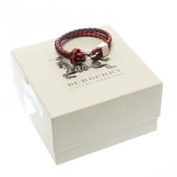 Pre Owned Burberry Two Tone Braided Leather Silver Tone Bracelet