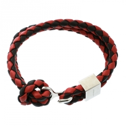 Pre Owned Burberry Two Tone Braided Leather Silver Tone Bracelet