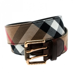 Pre Owned Burberry Beige/Brown Nova Check Fabric and Leather Double Prong Belt Size 90 CM