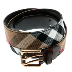Pre Owned Burberry Beige/Brown Nova Check Fabric and Leather Double Prong Belt Size 90 CM