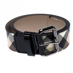 Pre Owned Burberry Black/Beige House Check Leather Buckle Belt 100CM