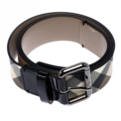 Pre Owned Burberry Black/Beige House Check Leather Buckle Belt 100CM