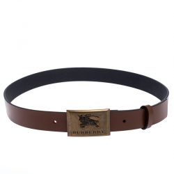 Pre Owned Burberry Brown Leather Logo Plague Belt 90CM