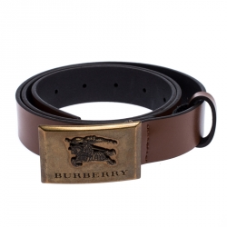 Pre Owned Burberry Brown Leather Logo Plague Belt 90CM