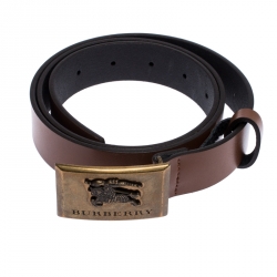 Pre Owned Burberry Brown Leather Logo Plague Belt 90CM