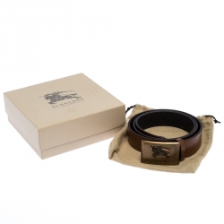 Pre Owned Burberry Brown Leather Logo Plague Belt 90CM