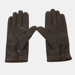 Pre Owned Burberry Dark Brown Leather Short Gloves