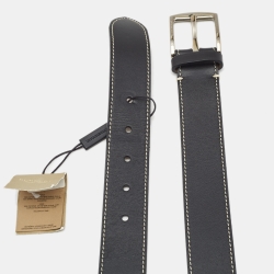 Pre Owned Burberry Black Leather Gray Buckle Belt 110CM
