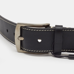 Pre Owned Burberry Black Leather Gray Buckle Belt 110CM