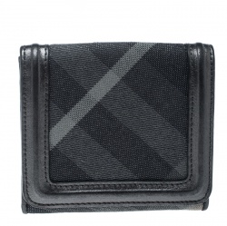 Pre Owned Burberry Grey Beat Check Canvas and Leather Compact Wallet