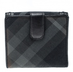 Pre Owned Burberry Grey Beat Check Canvas and Leather Compact Wallet